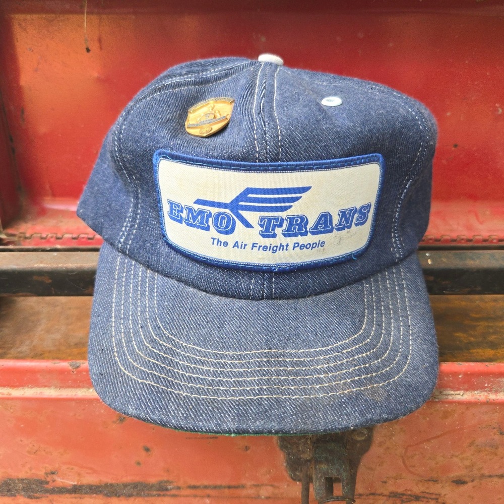 VTG EMO TRANS Trucker Hat Park Avenue Blue Denim Cap OSFA Patch Pin Made In USA